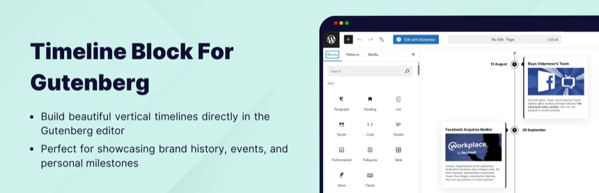 Timeline Block for Gutenberg - nativer WordPress Block Editor Timeline Builder