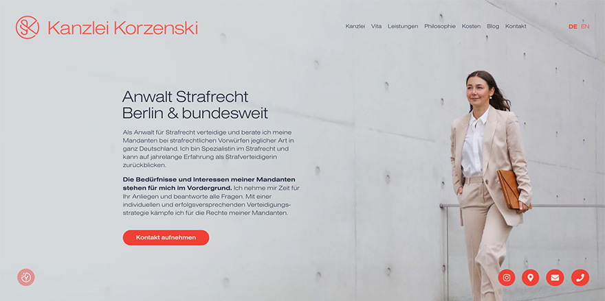 SK Strafrecht Kanzlei Kocevski - Editorial Design mit großformatigen Bildern und Akzentfarbe