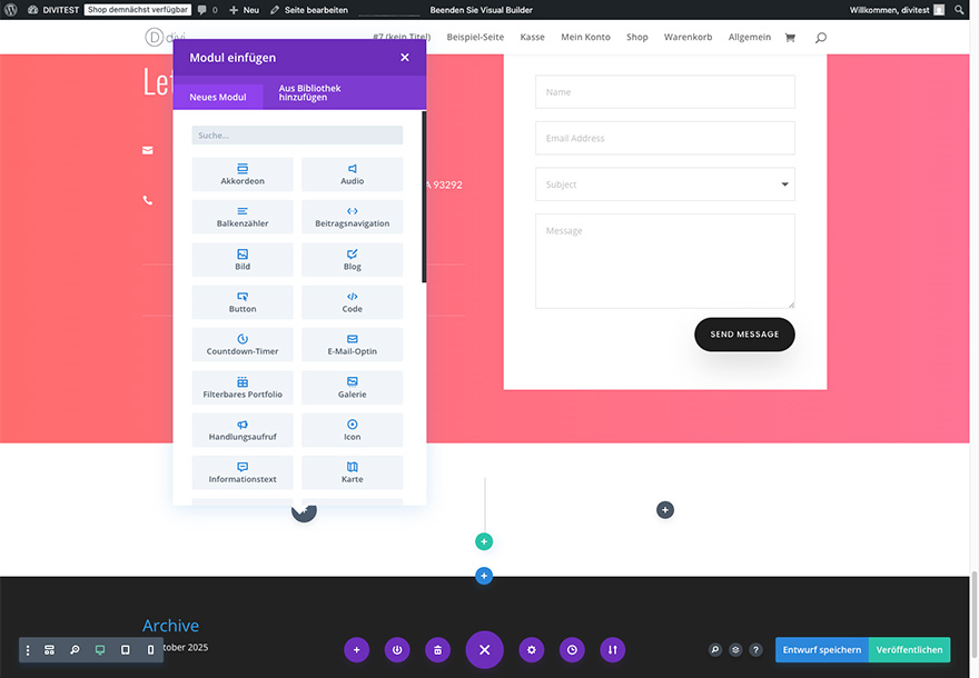 Divi Visual Builder Frontend Ansicht mit direkter Live-Bearbeitung