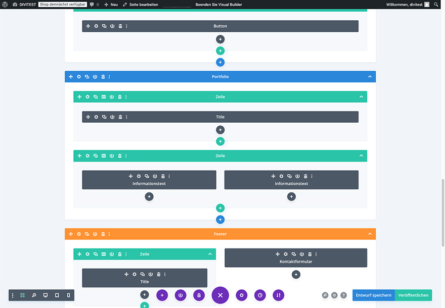 Divi Backend Builder Wireframe Ansicht im WordPress Dashboard