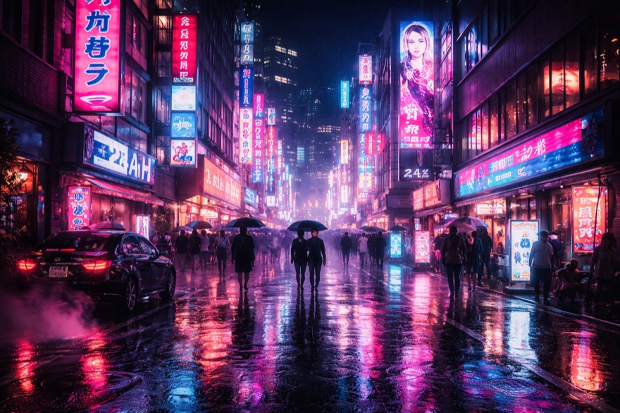 ChatGPT Cyberpunk-Bild erstellen: Futuristische Tokyo-Straße bei Nacht mit Neonlichtern und Regen