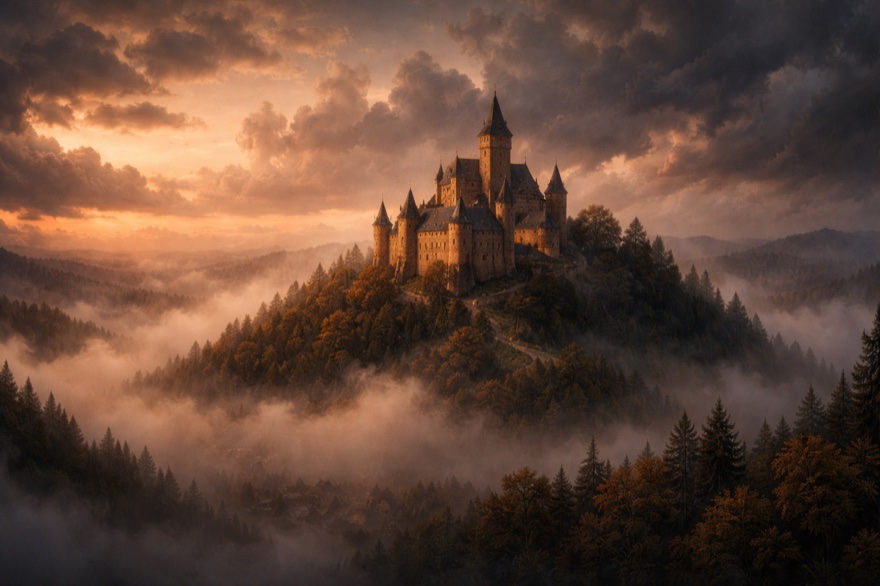 ChatGPT Fantasy-Bild erstellen: Mittelalterliche Burg auf einem Hügel umgeben von Nebel bei Sonnenuntergang