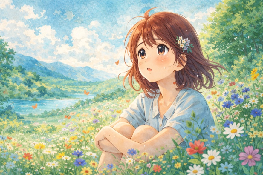 ChatGPT Bild im Ghibli-Stil erstellen: Anime-Mädchen in Blumenwiese mit Aquarellfarben