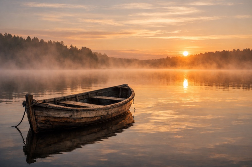 Mit ChatGPT erstelltes Landschaftsbild: Holzboot auf einem stillen See bei Sonnenaufgang mit Nebel