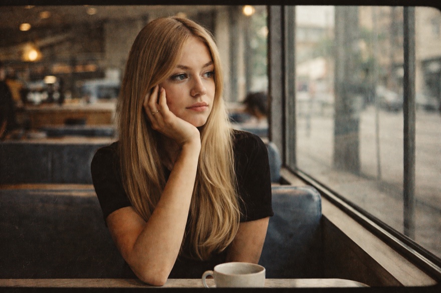 ChatGPT Portrait erstellen: Vintage-Foto einer Frau im Café im 1960er-Filmstil mit Filmkorn