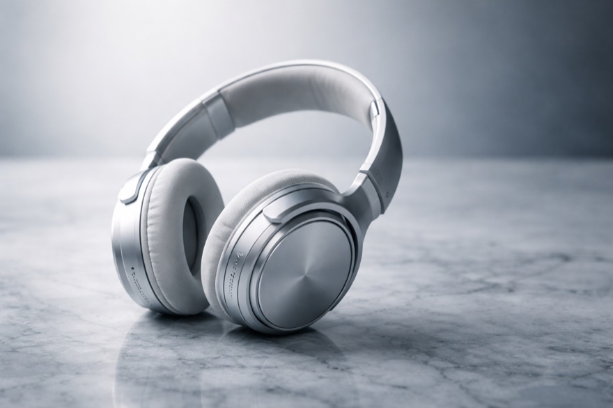 ChatGPT Produktfoto erstellen: Kabellose Kopfhörer auf grauem Marmor mit Studio-Beleuchtung