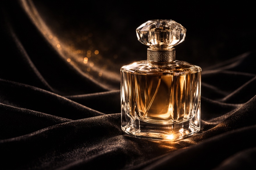 ChatGPT Produktvisualisierung erstellen: Elegante Parfümflasche auf schwarzem Samt mit dramatischer Beleuchtung