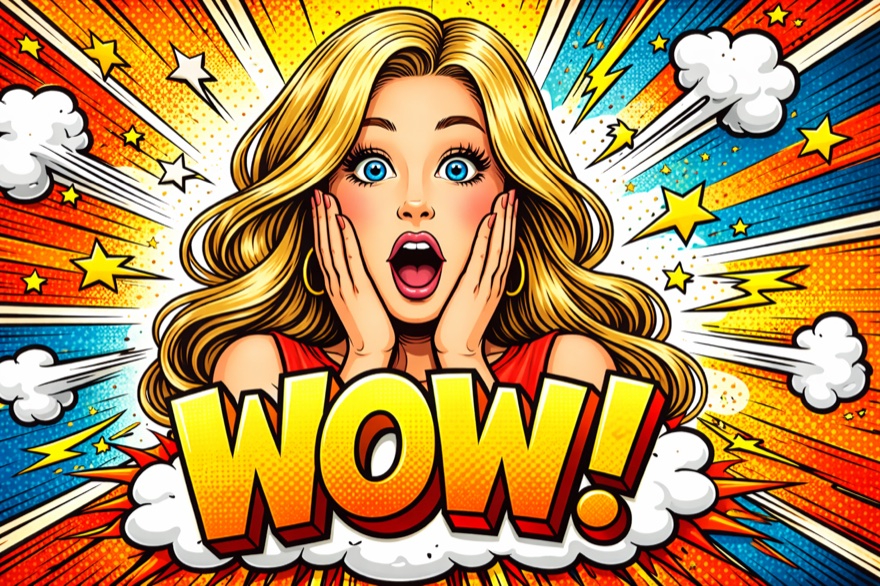 ChatGPT YouTube Thumbnail erstellen: Comic-Gesicht mit WOW-Text und Explosionseffekt