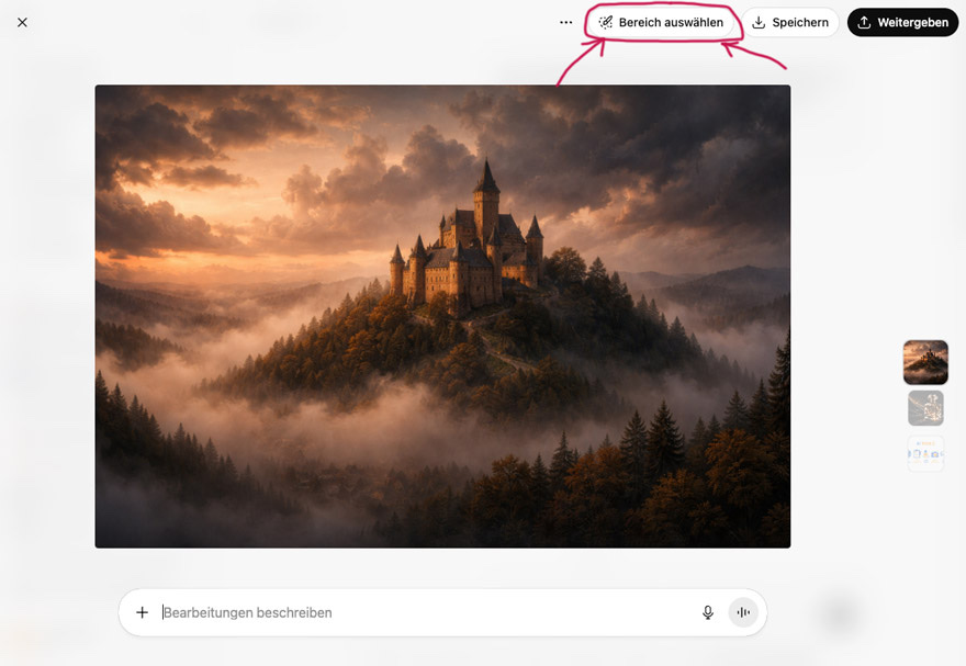 ChatGPT Inpainting Funktion: Screenshot der Bereich-auswählen-Oberfläche zum gezielten Bearbeiten von Bildern
