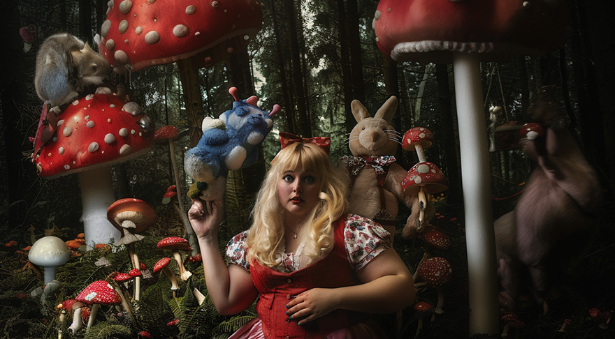 Midjourney V7 Beispielbild - Alice in Wonderland im hyperrealistischen Stil mit KI generiert