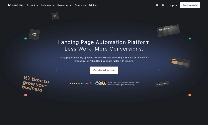 Landingi Landing Page Builder Benutzeroberfläche mit Template-Auswahl und A/B-Testing-Funktionen für Marketing-Profis