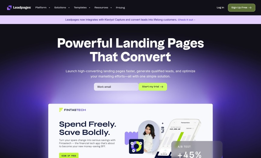 Leadpages Landing Page Builder Editor mit LeadMeter Echtzeit-Optimierungstipps und integriertem Stripe-Checkout