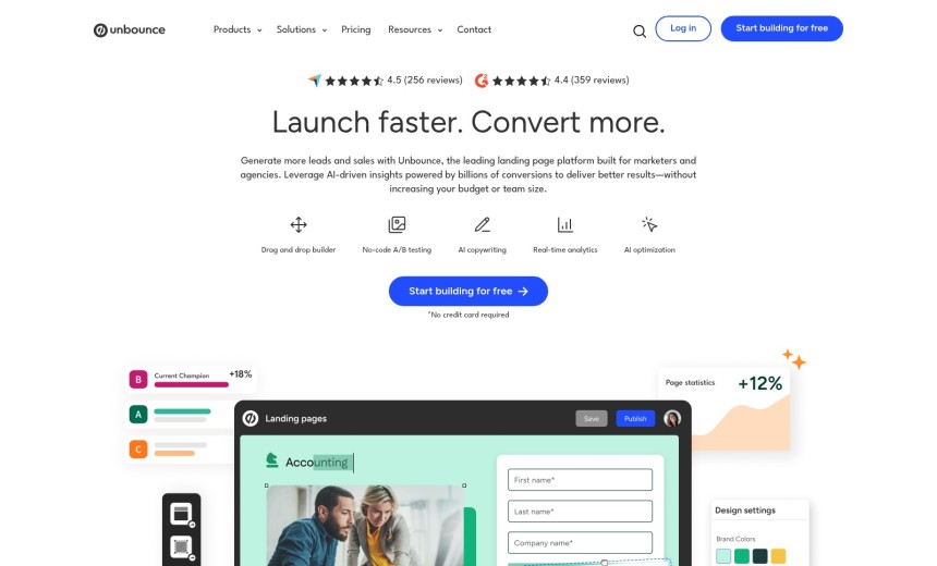 Unbounce Landing Page Builder Dashboard mit Smart Traffic KI-Funktion und Conversion-Optimierungs-Tools
