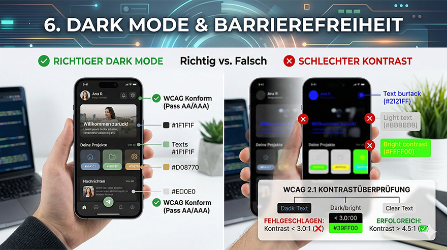 Dark Mode im Webdesign – Farbgestaltung und Kontrastanpassung für dunkle Benutzeroberflächen