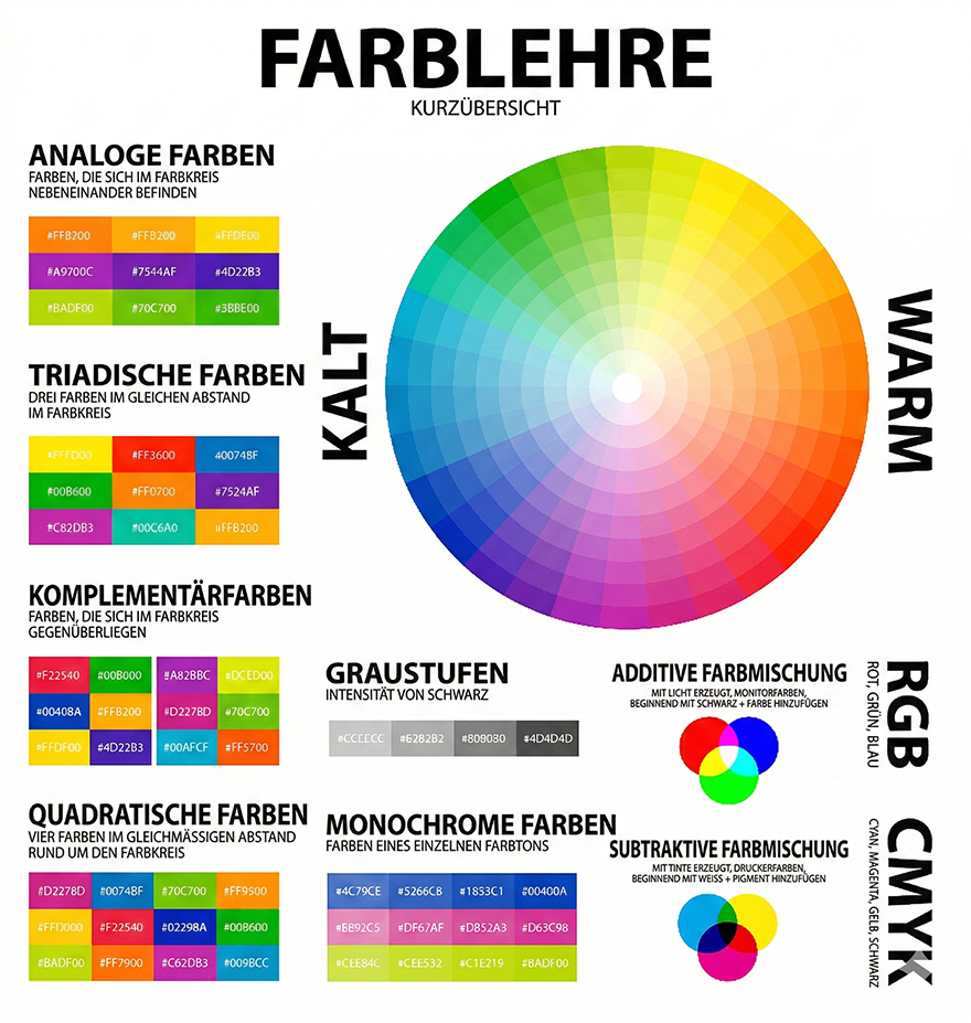 Farbkreis mit Primärfarben, Sekundärfarben und Tertiärfarben – additive und subtraktive Farbmischung im Vergleich
