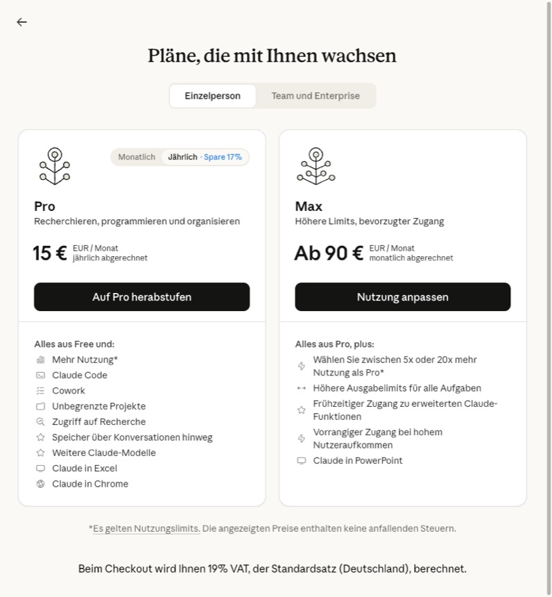 Claude AI Tarife und Preise – Free Pro Max Übersicht Claude AI Tarife und Preise im Überblick – Vergleich der Free, Pro und Max Pläne mit monatlichen Kosten und Features
