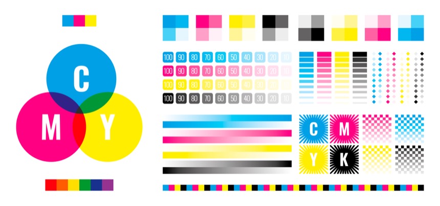CMYK Farbmodell – Cyan Magenta Yellow Key Druckfarben mit Testmuster