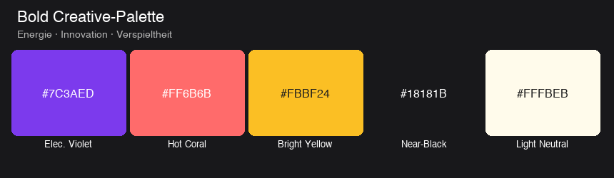 Bold Creative Farbpalette mit Electric Violet, Hot Coral, Bright Yellow, Near-Black und Light Neutral