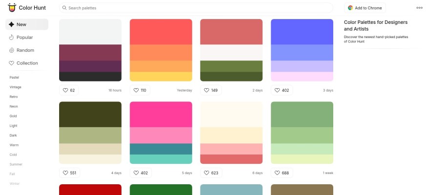 Color Hunt – kuratierte Farbpaletten durchsuchbar nach Stimmung und Farbe