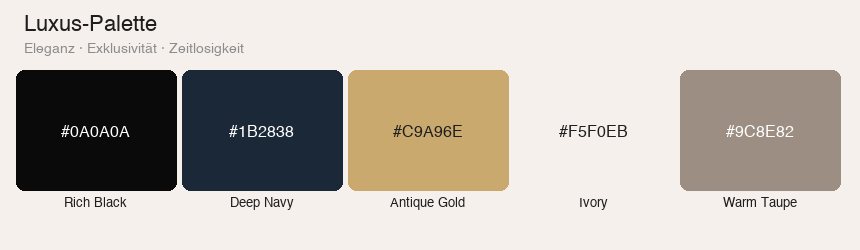 Luxus Farbpalette mit Rich Black, Deep Navy, Antique Gold, Ivory und Warm Taupe