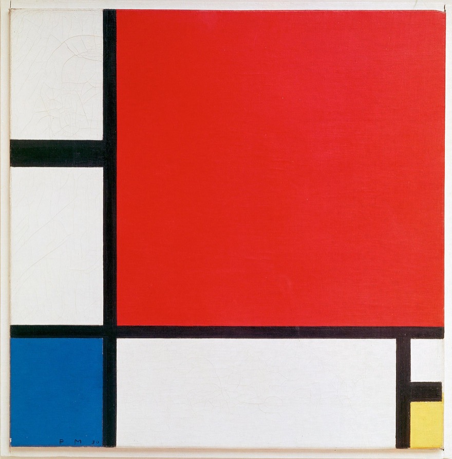 Piet Mondrian Komposition mit Rot Blau und Gelb – geometrisches Gemälde mit reinen Primärfarben und Bunt-Unbunt-Kontrast