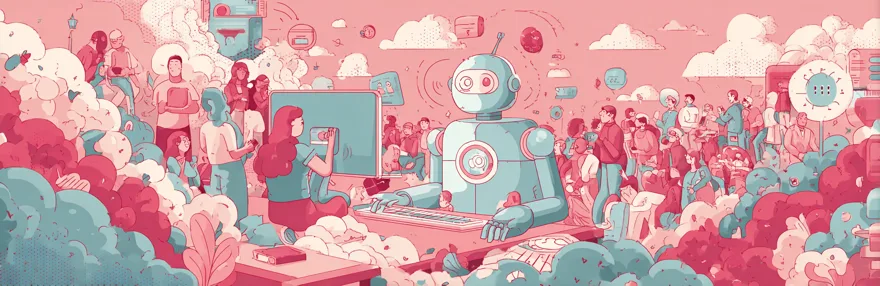 Retro Roboter und Mensch zusammen am Computer KI Trends