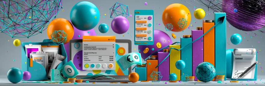 Freelancer Arbeitsplatz mit Rechnung und Gehaltsdiagramm fuer Copywriter