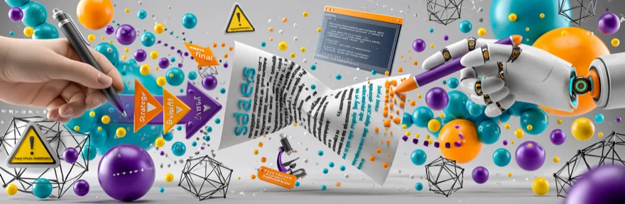 Menschliche Hand und KI-Roboterhand schreiben gemeinsam einen Text