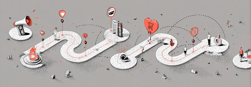 Die 5 Phasen der Customer Journey: Vom ersten Kontakt bis zur Markenbotschafterschaft – visualisiert als Wegstrecke mit Meilensteinen