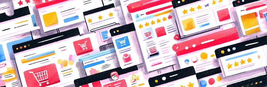 Digitale Produkte verkaufen: Verschiedene Online-Shop-Fenster mit Bewertungen und Warenkorb