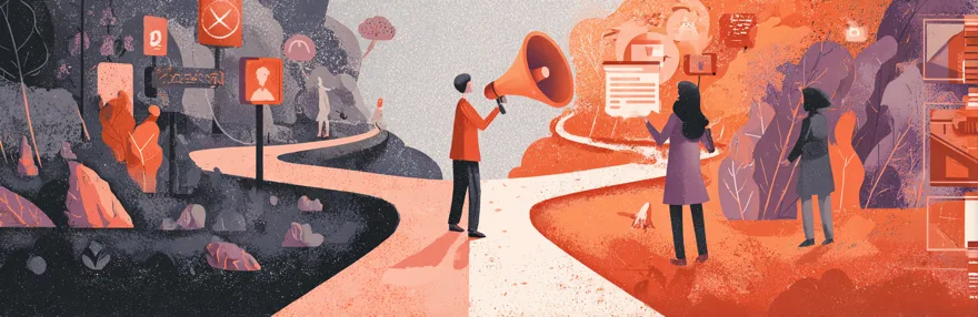 Person steht an einer Kreuzung zwischen Inbound- und Outbound-Marketing-Weg