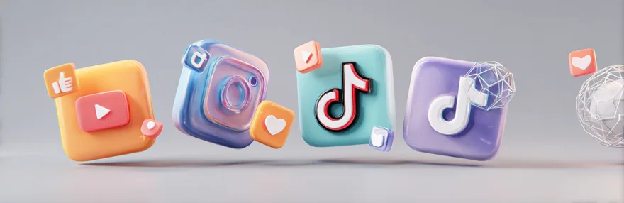 Vier Social Media Plattformen auf schwebenden Screens