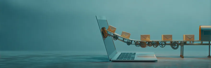 Laptop mit mechanischem Fließband das E-Mail-Umschläge liefert – E-Mail-Automatisierung