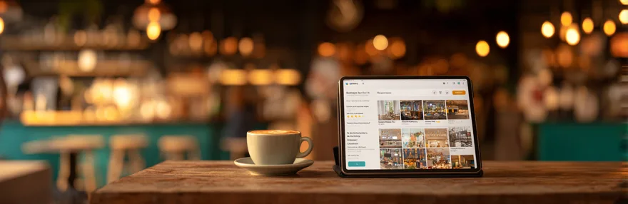 Tablet im Cafe zeigt Google Bewertungen mit Sternen