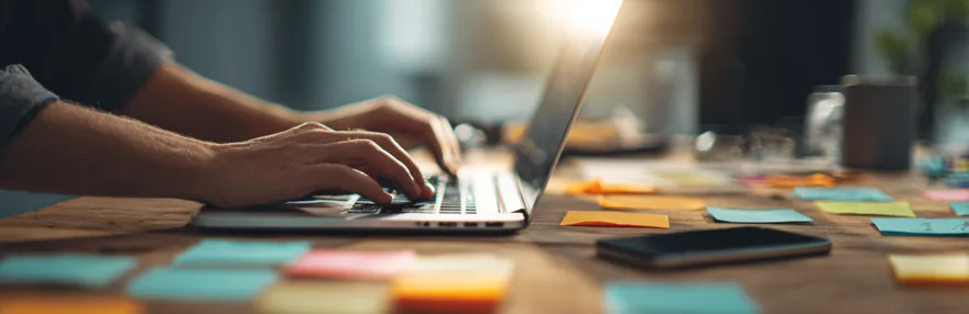 Haende tippen auf Laptop mit Post-its fuer Kampagnenplanung