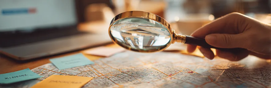 Lupe ueber Stadtkarte mit Keyword-Notizen