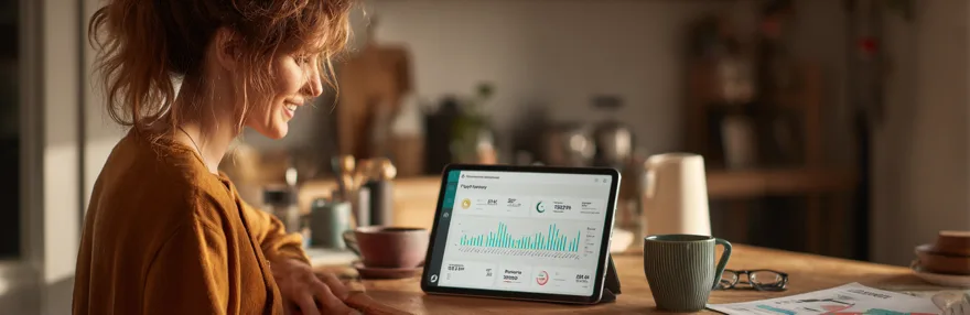 Geschaeftsinhaberin prueft Analytics Dashboard auf Tablet