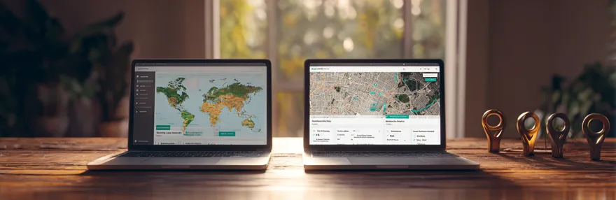 Zwei Laptops zeigen globale vs lokale Karte
