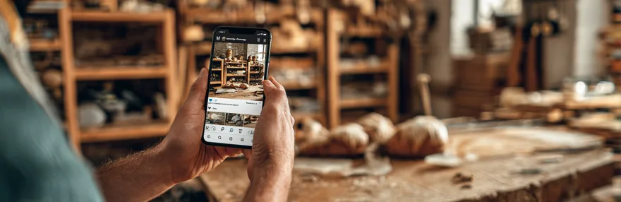 Handwerker zeigt Instagram Profil auf Smartphone