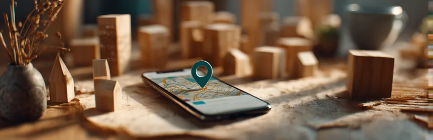 Smartphone mit Karte und Standort-Pin zwischen Holzhaeusern