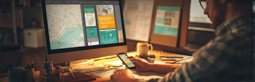 Webdesigner arbeitet an lokaler Website mit Kartenansicht