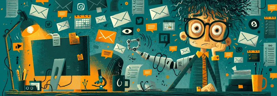 Überforderte Freelancerin am Schreibtisch mit vielen Aufgaben