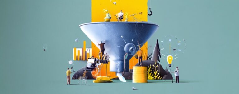 Sales Funnel Illustration – Verkaufstrichter mit Figuren, Diagrammen und Münzstapel