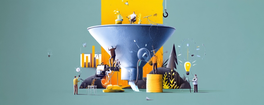 Sales Funnel Illustration – Verkaufstrichter mit Figuren, Diagrammen und Münzstapel