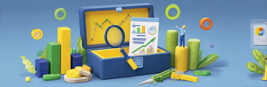 Sales Funnel Tools und Software – Werkzeugkasten mit schwebenden Tool-Icons