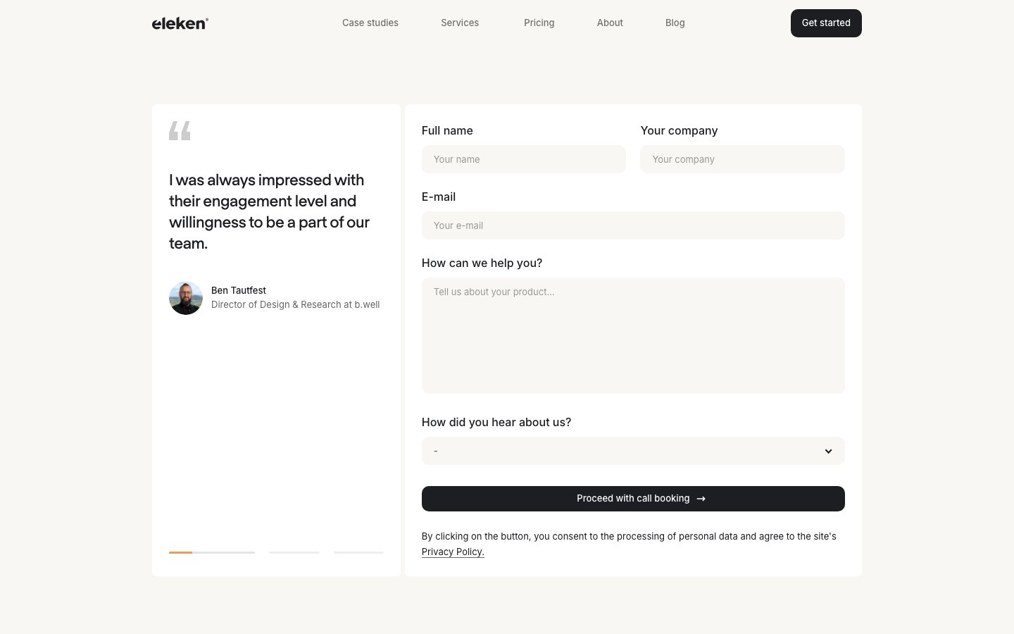 Eleken - Kreatives Split-Screen Webdesign Split Screen Design 2026 - Eleken mit kreativem zweigeteiltem Layout