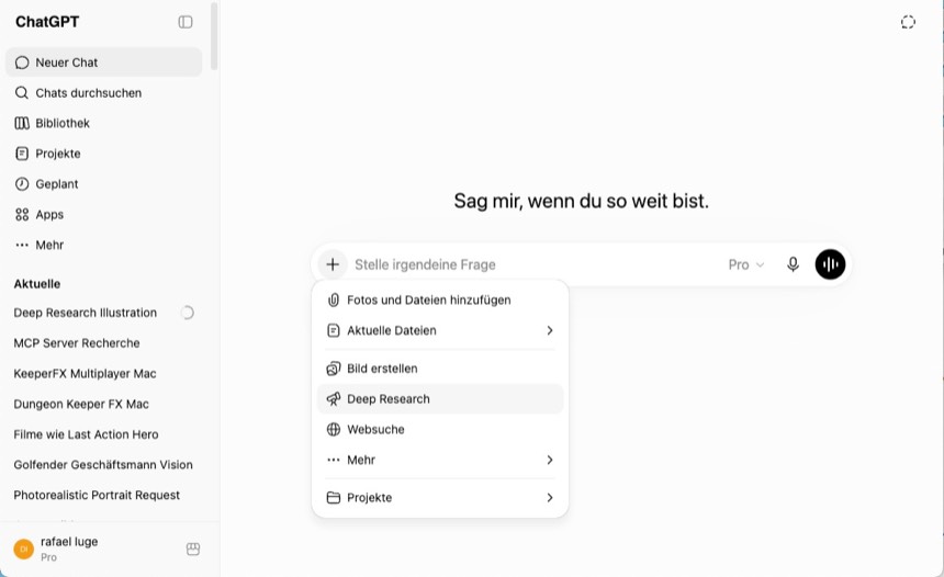 ChatGPT Deep Research im Menü aktivieren