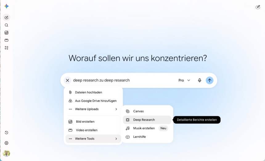 Google Gemini Deep Research im Tools-Menü