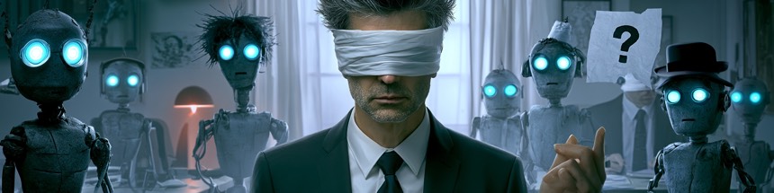 Geschäftsmann mit verbundenen Augen umringt von KI-Robotern