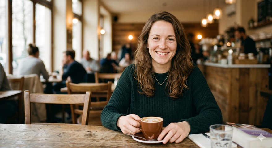 Natuerlich wirkendes Portraetfoto einer Frau im Café im Kodak-Portra-Filmlook - Nano Banana Anti-AI-Look
